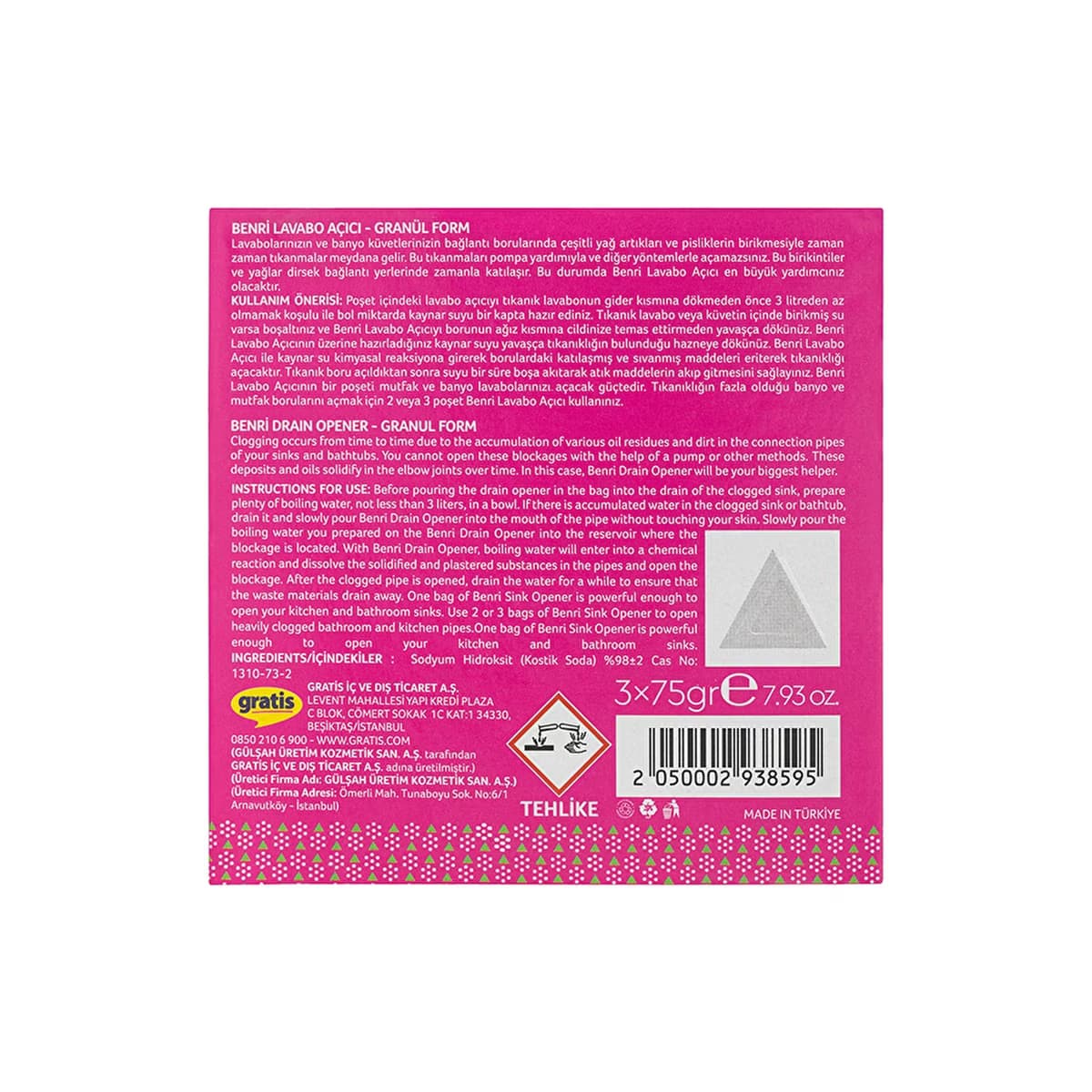 Benri Granül Lavabo Açıcı 3 x 75 gr - Gratis 2