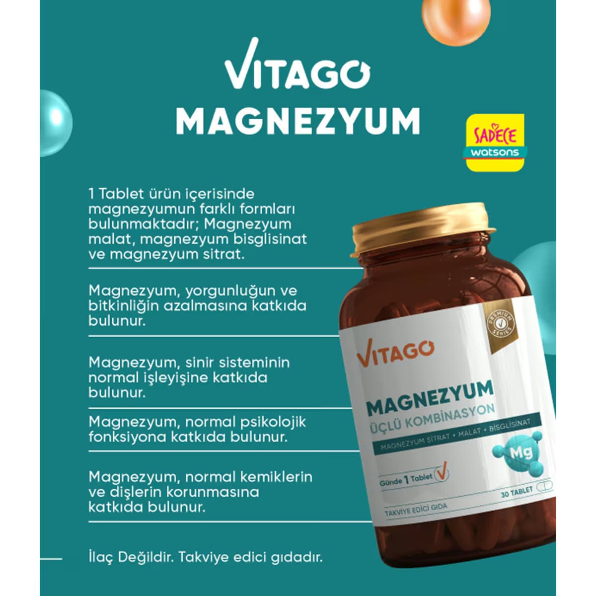 Vitago Magnezyum 3'lü Etki Tablet 30'lu 2