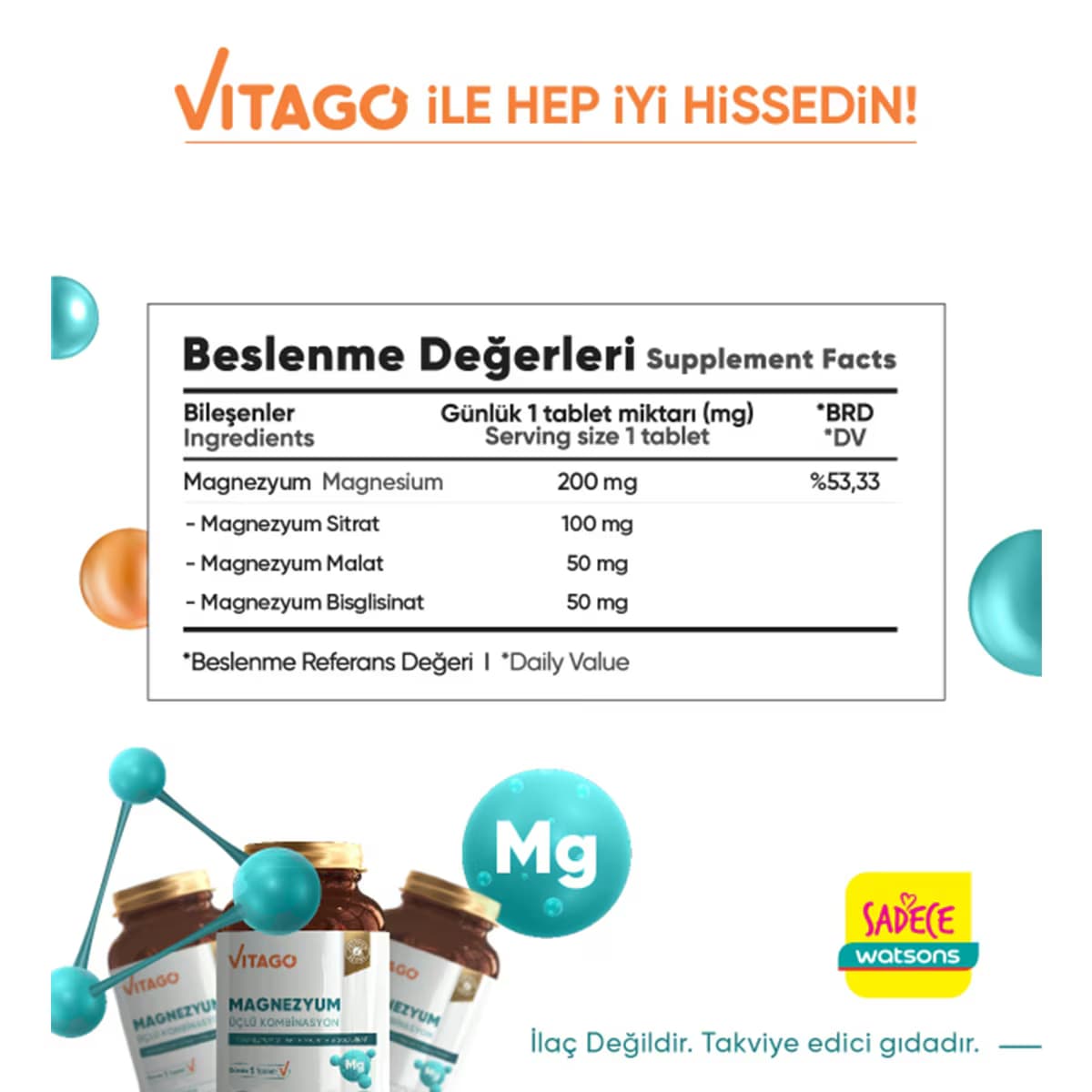 Vitago Magnezyum 3'lü Etki Tablet 30'lu 3