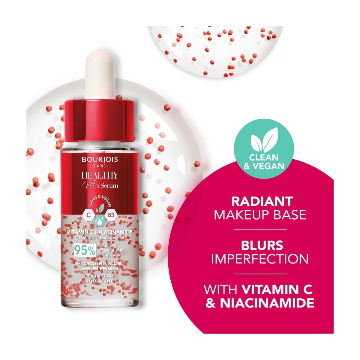 Bourjois Healthy Mix Serum şişesi, vitamin C ve niasinamid ile kusurları bulanıklaştırma mesajı.