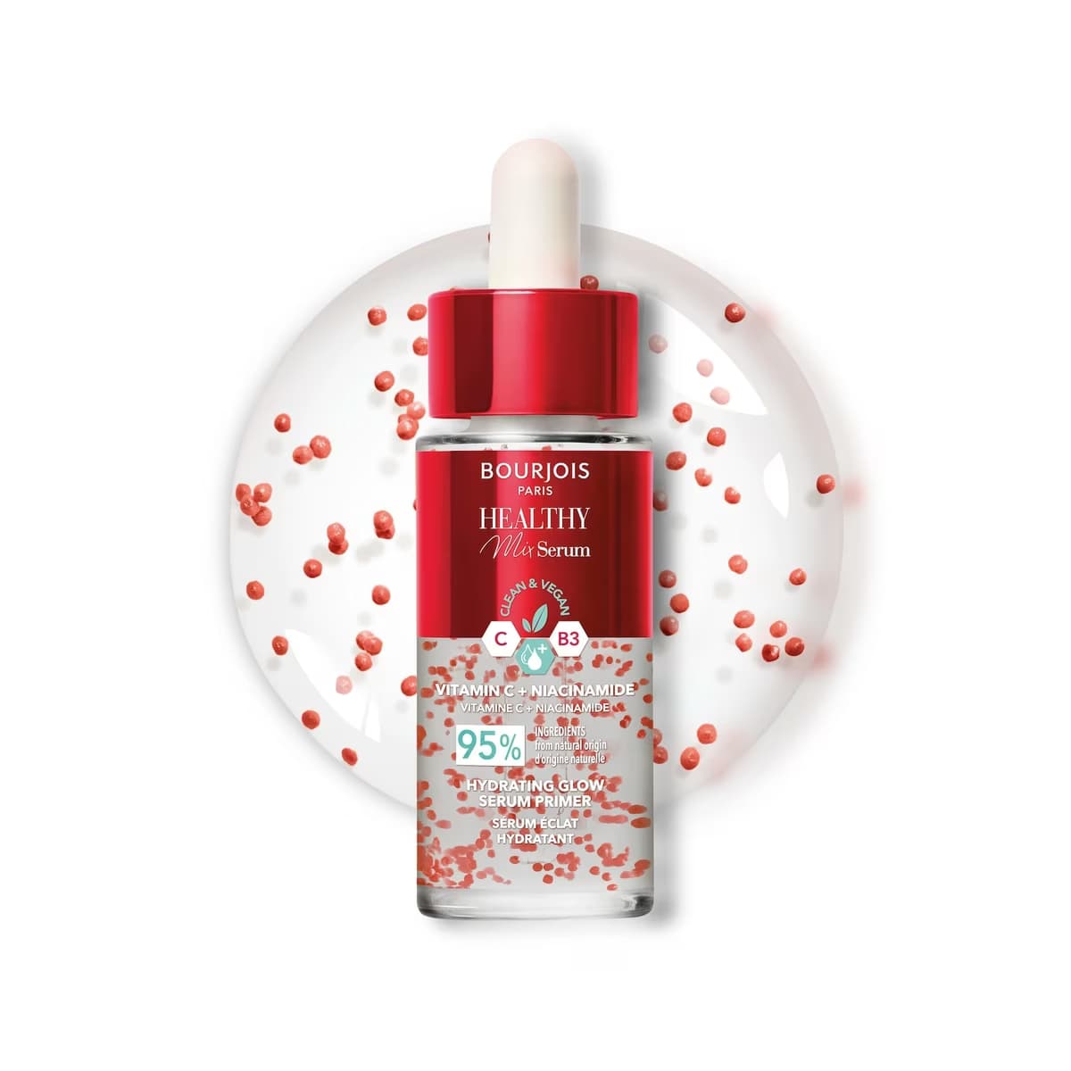 Bourjois Healthy Mix Serum makyaj bazı şişesi, ürünün dairesel zemin görseli üzerinde.