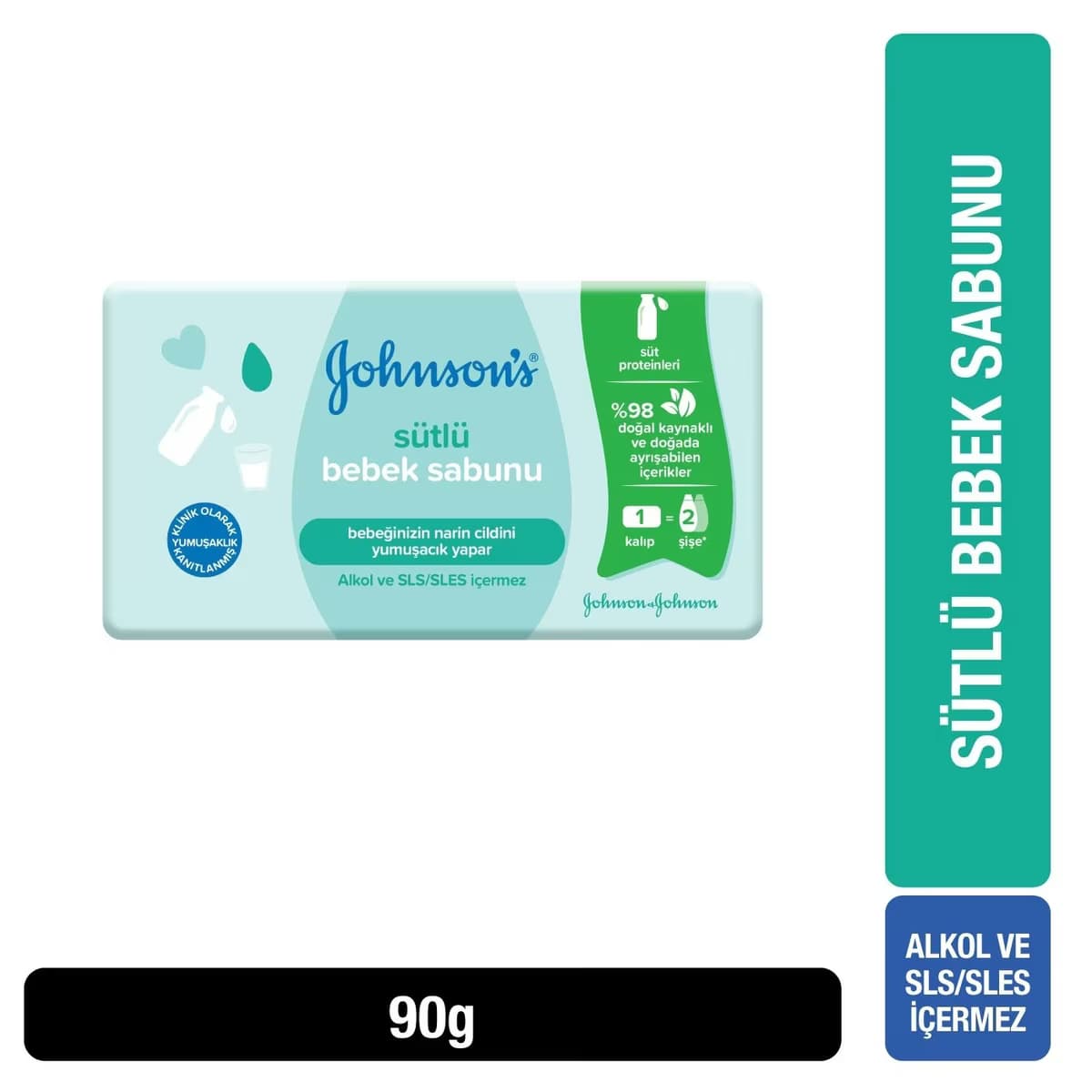 Johnson's Baby sütlü bebek sabunu paketi; 90 g bilgisi ve alkol ile SLS/SLES içermediği belirtilen ambalaj detayı.