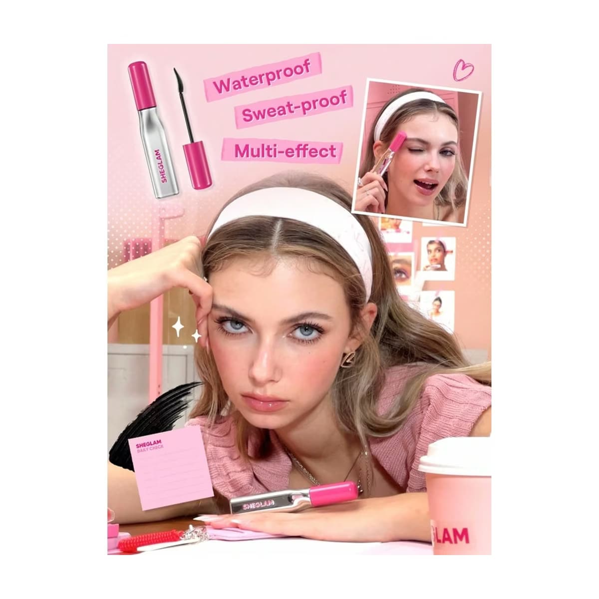 Maskara tüpü ve kirpiklerine ürün uygulayan model; görselde waterproof, sweat-proof ve multi-effect yazıları yer alıyor.