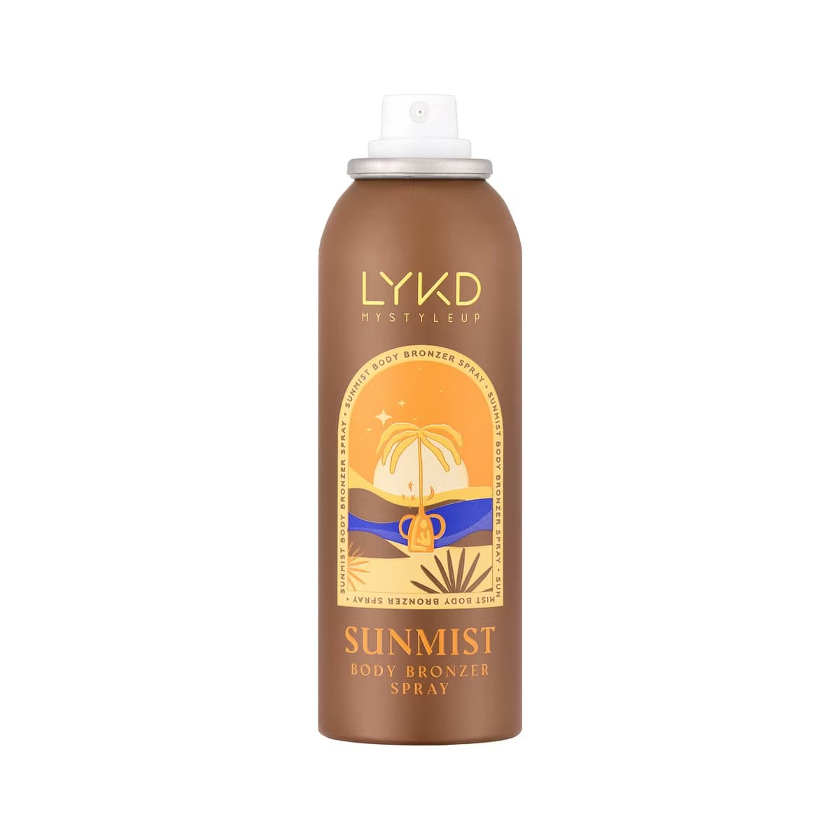 Beyaz kapaklı LYKD Sunmist bronzer sprey şişesinin ön yüzü.