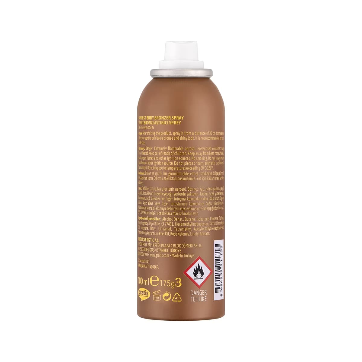 LYKD Sunmist bronzer sprey şişesinin arka yüzü; ürün bilgileri ve uyarı sembolleri bulunan kahverengi ambalaj.