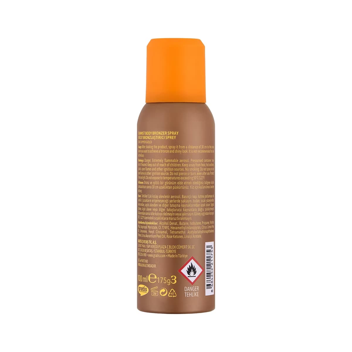 Turuncu kapaklı LYKD Sunmist bronzer sprey şişesinin arka yüzü.