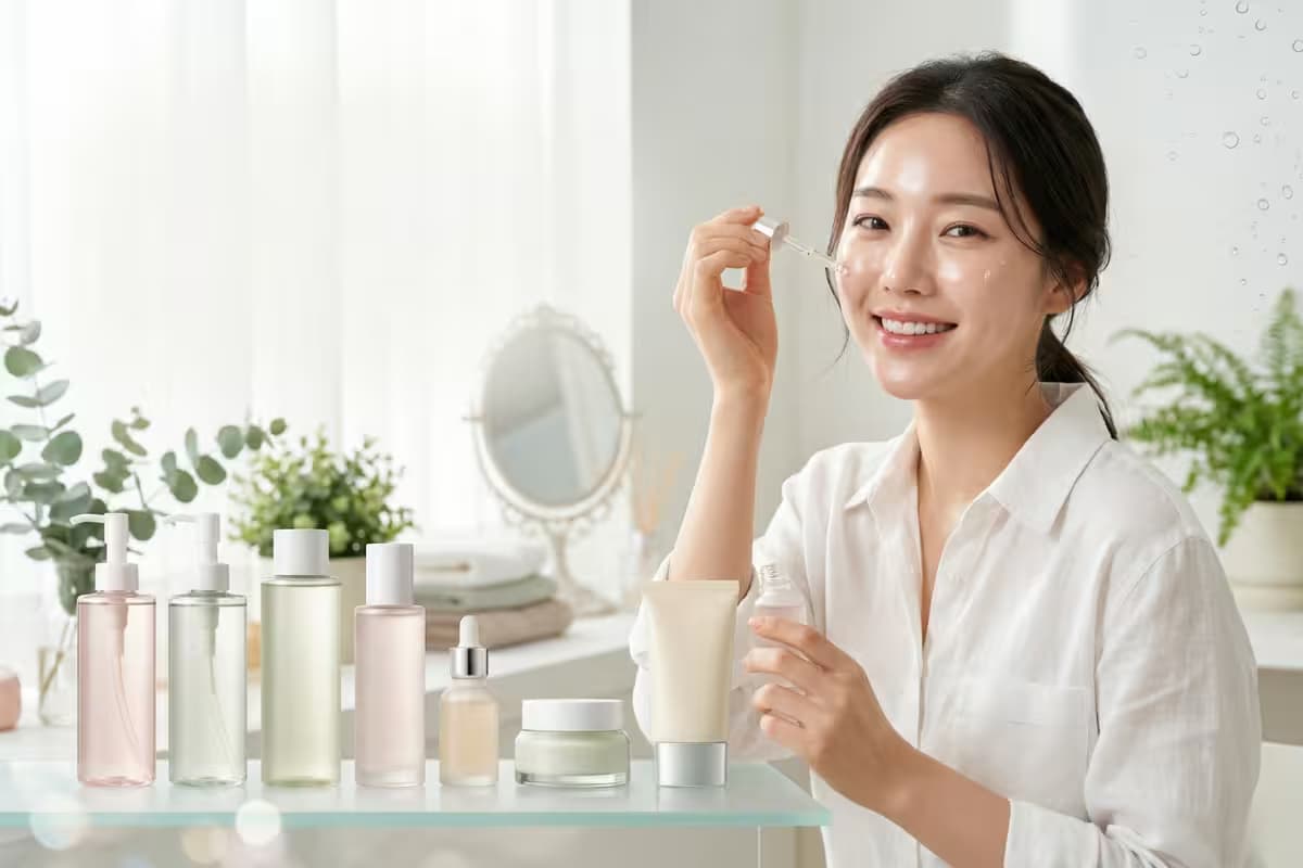 Woman with glowing skin applying skincare product