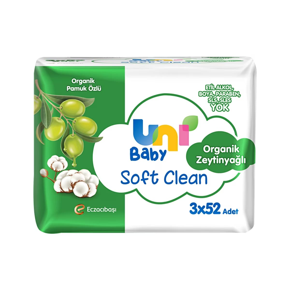 Uni Baby Soft Clean Organik Pamuk Özlü Zeytinyağlı Bebek Islak Mendil 3 x 52 Adet - Gratis