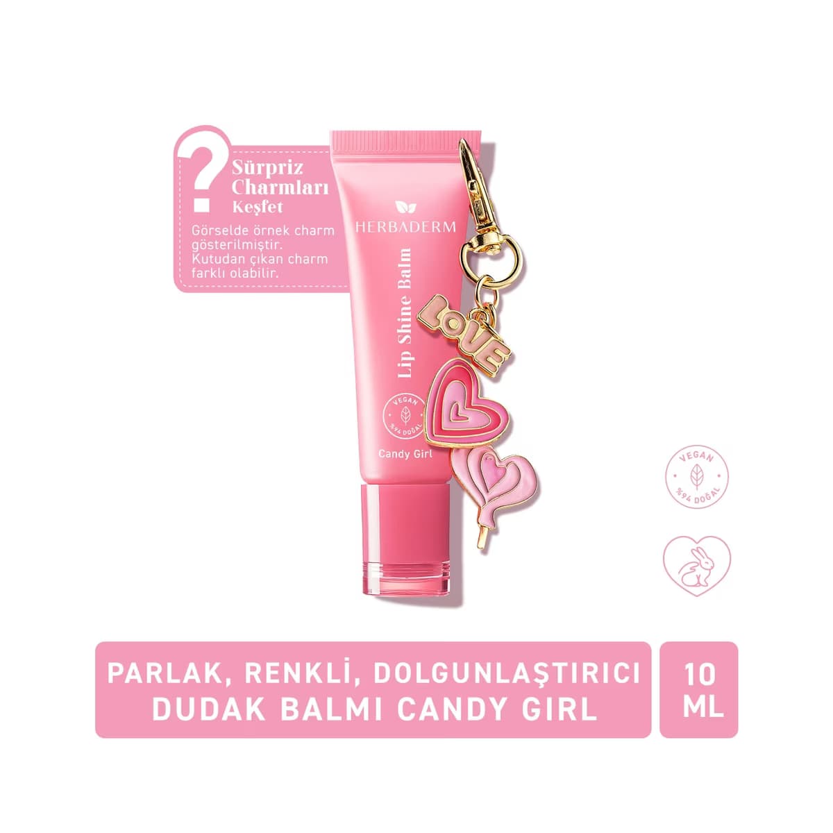 Herbaderm Parlak Dudak Balmı Pamuk Şekeri Aromalı 10 ml (Charm Hediyeli) - Gratis
