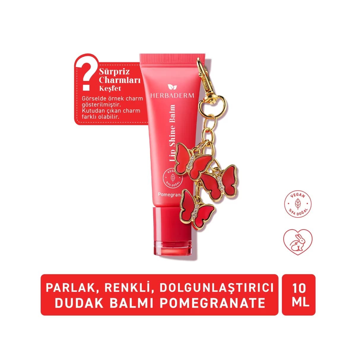 Herbaderm Parlak Dudak Balmı Nar Aromalı 10 ml (Charm Hediyeli) - Gratis