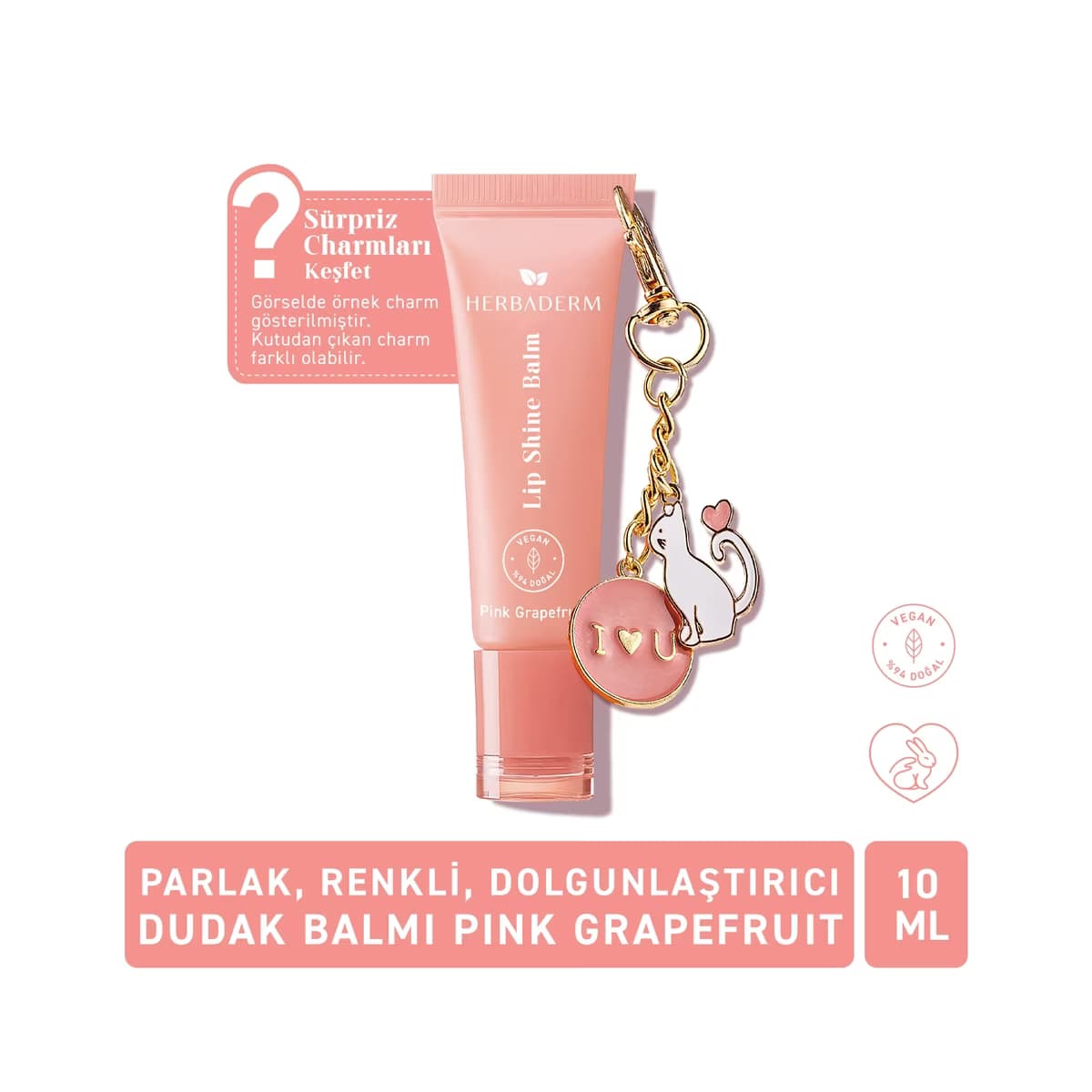 Herbaderm Parlak Dudak Balmı Pembe Greyfurt Aromalı 10 ml (Charm Hediyeli) - Gratis