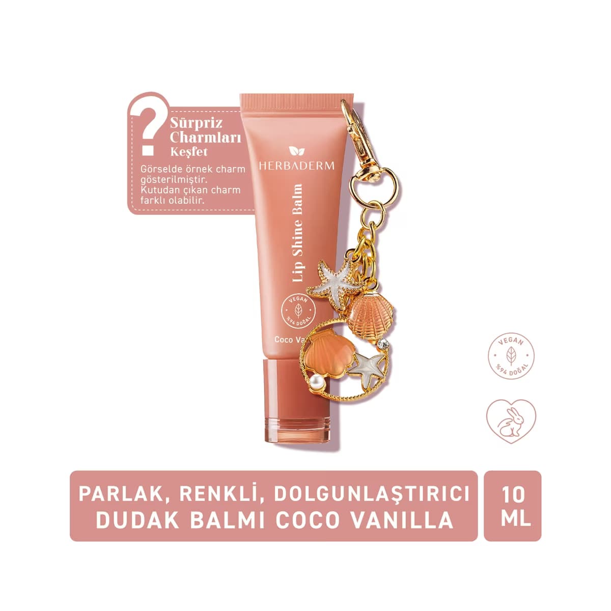Herbaderm Parlak Dudak Balmı Coco Vanilya Aromalı 10 ml (Charm Hediyeli) - Gratis