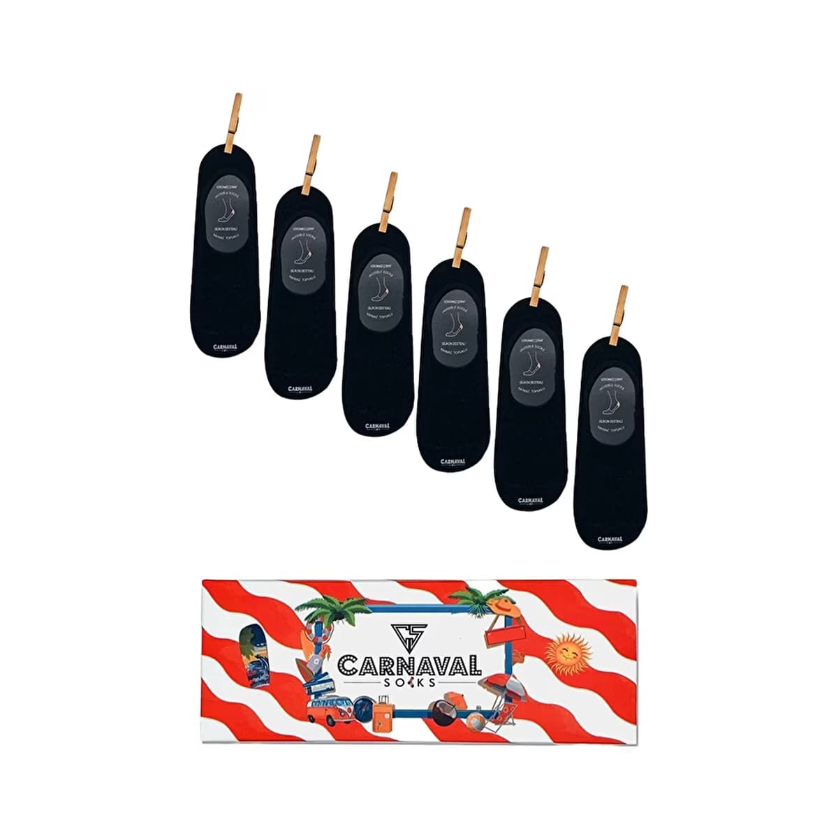 Carnaval Socks 6'lı Siyah Kaymaz Silikonlu Babet Çorap - Gratis