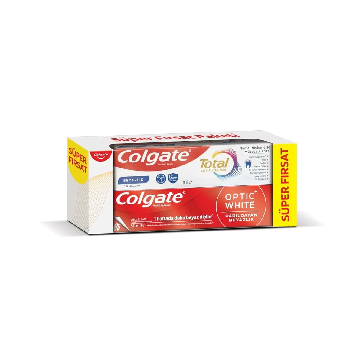 Colgate Total Aktif Koruma Diş Macunu 50 ml + Optic White Parıldayan Beyazlık Diş Macunu 50 ml - Gratis