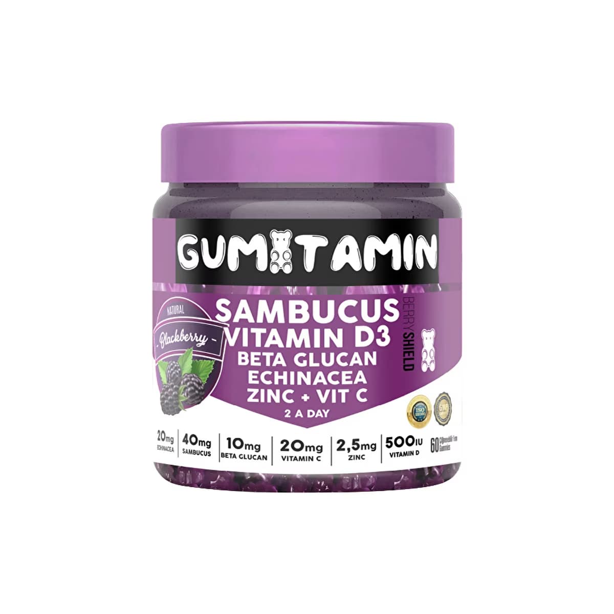 Gumitamin Sambucus Multivitamin 60 Tablet (Gummy Kara Mürver, Vitamin C + D3, Çinko, Beta Glukan Doğ - Gratis