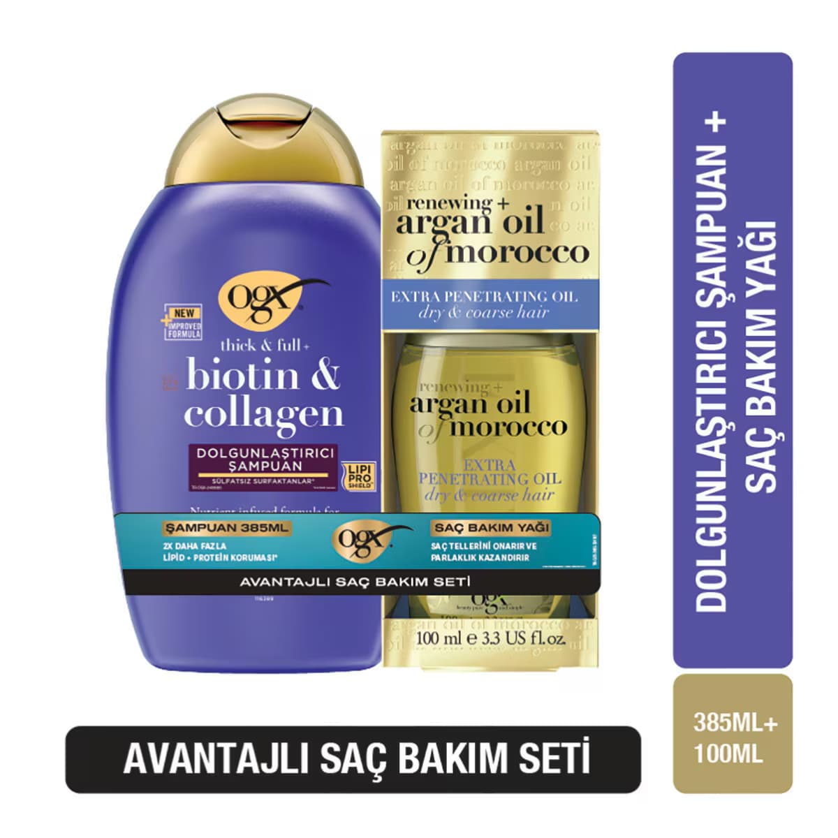 OGX Biotin&Collagen Dolgunlaştırıcı Şampuan 385 ml + Argan Oil of Morocco Saç Bakım Yağı 100 ml