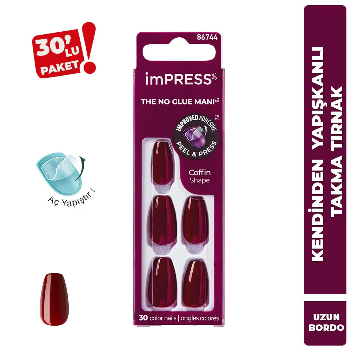 Kiss Impress Color Kendinden Yapışkanlı Takma Tırnak Uzun Mürdüm Medium 511