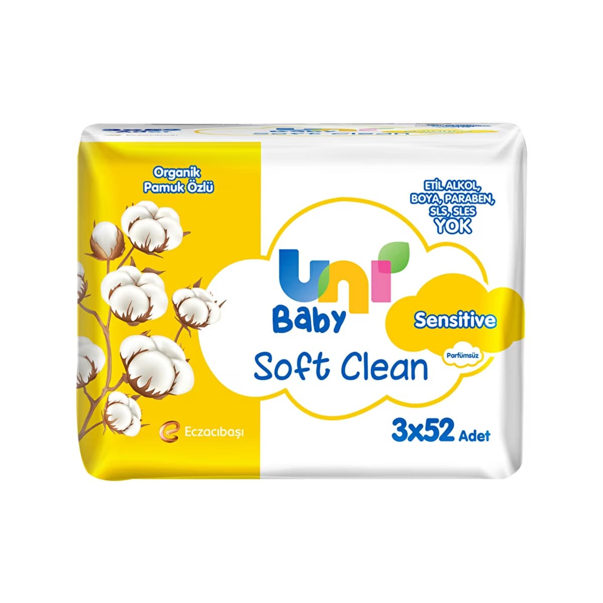 Uni Baby Soft Clean Organik Pamuk Özlü Sensitive Bebek Islak Mendil 3 x 52 Adet - Gratis