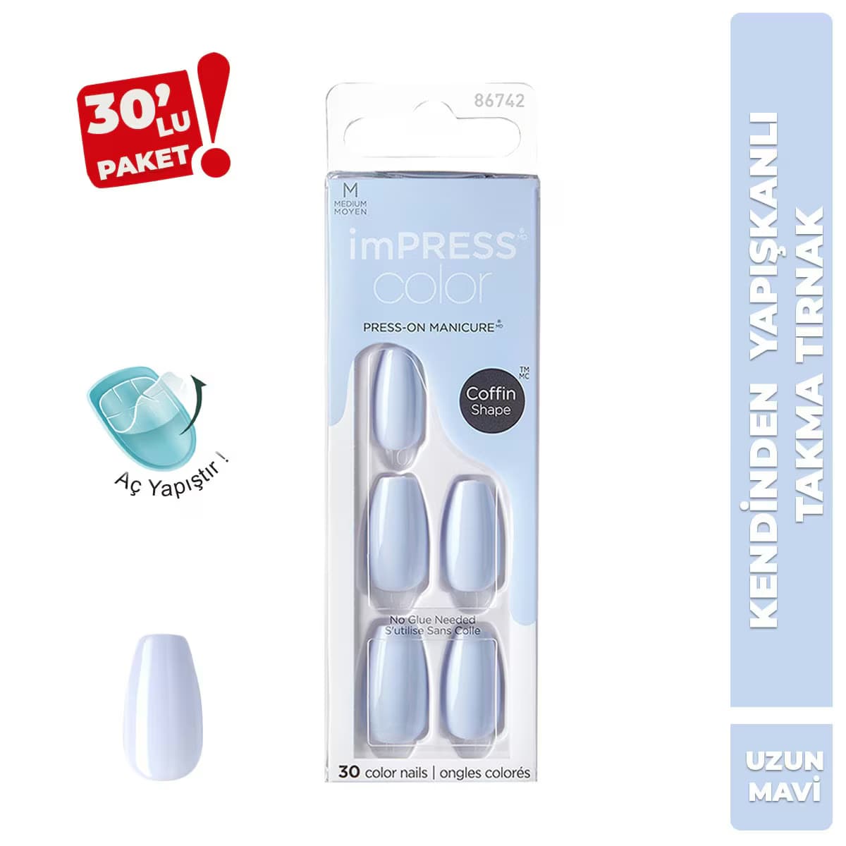 Kiss Impress Color Kendinden Yapışkanlı Takma Tırnak Uzun Mavi Medium 509
