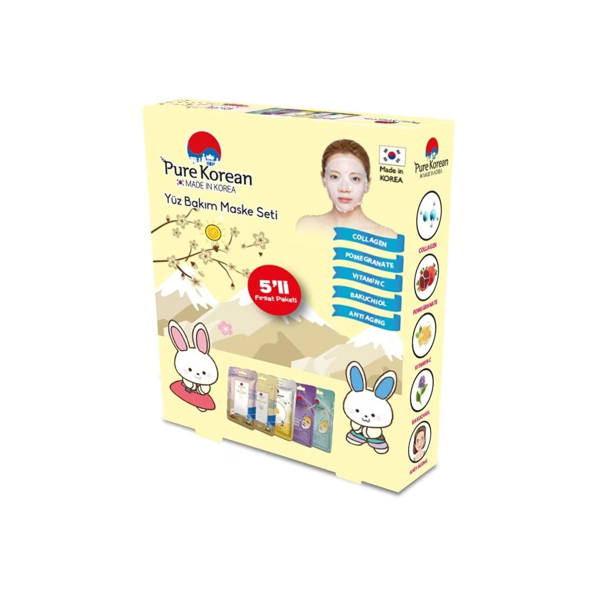 Pure Korean 5'li Yüz Maske Seti (Collagen, Nar, Vitamin C, Bakuchiol, Anti-Aging) - Gratis