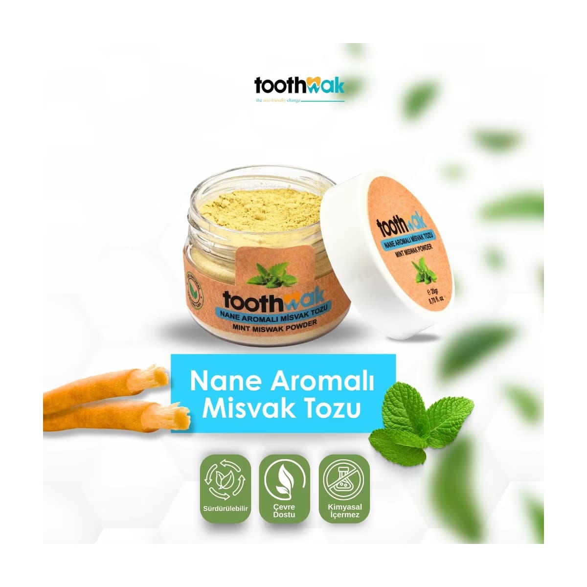 Toothwak Nane Aromalı Misvaklı Diş Temizleme Tozu 20 gr - Gratis