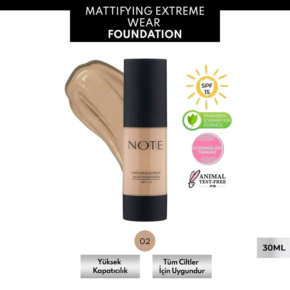 Note Mattifying Extreme Wear Fondöten No: 02 Natural Beige