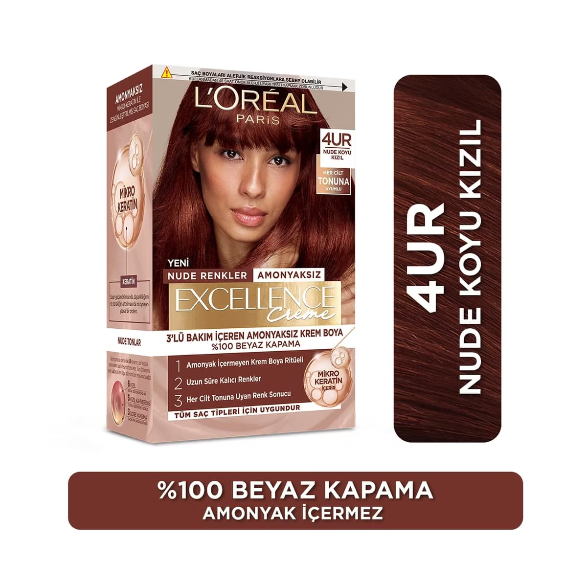 Loreal Paris Excellence Creme Nude Renkler Saç Boyası - 4UR Nude Koyu Kızıl - Gratis