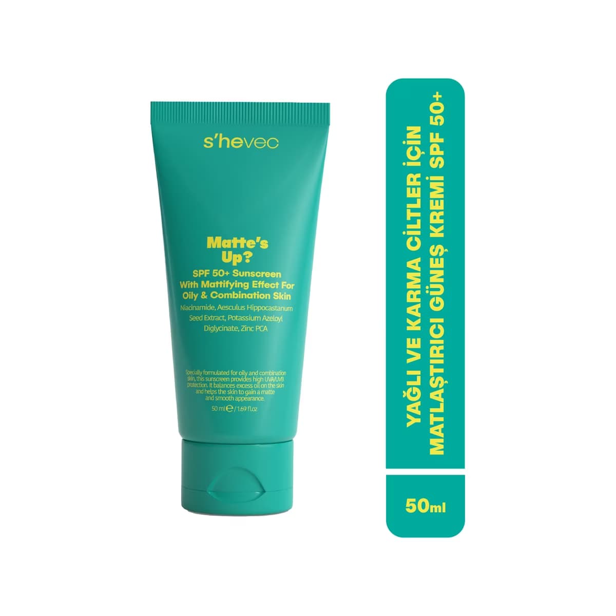 She Vec Matte's Up? Yağlı ve Karma Ciltler İçin Matlaştırıcı ve Cilt Tonu Eşitleyici 50+SPF Güneş Kremi 50 ml - Gratis