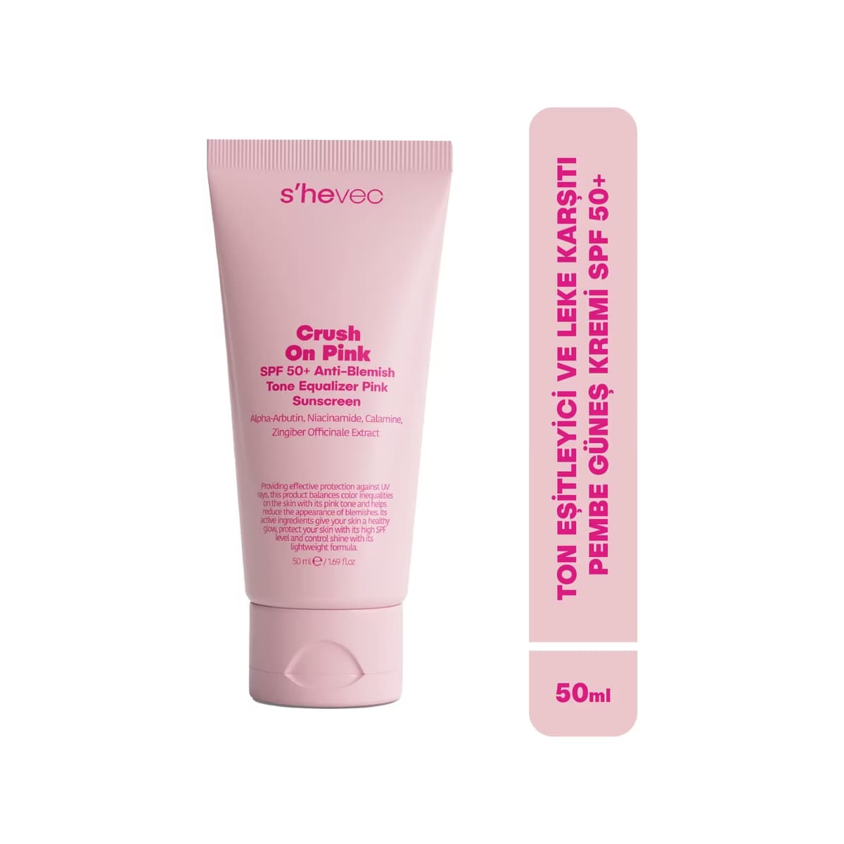 She Vec Crush On Pink Ton Eşitleyici, Leke Karşıtı ve Aydınlatıcı Pembe 50+SPF Güneş Kremi 50 ml - Gratis