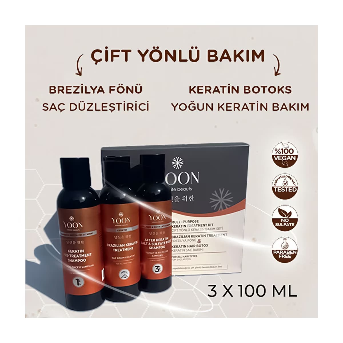 Yoon Brezilya Fönü Saç Düzleştirme & Keratin Botoks Güçlendirici ve Besleyici Evde Keratin Bakım Seti (3 x 100 ml) - Gratis