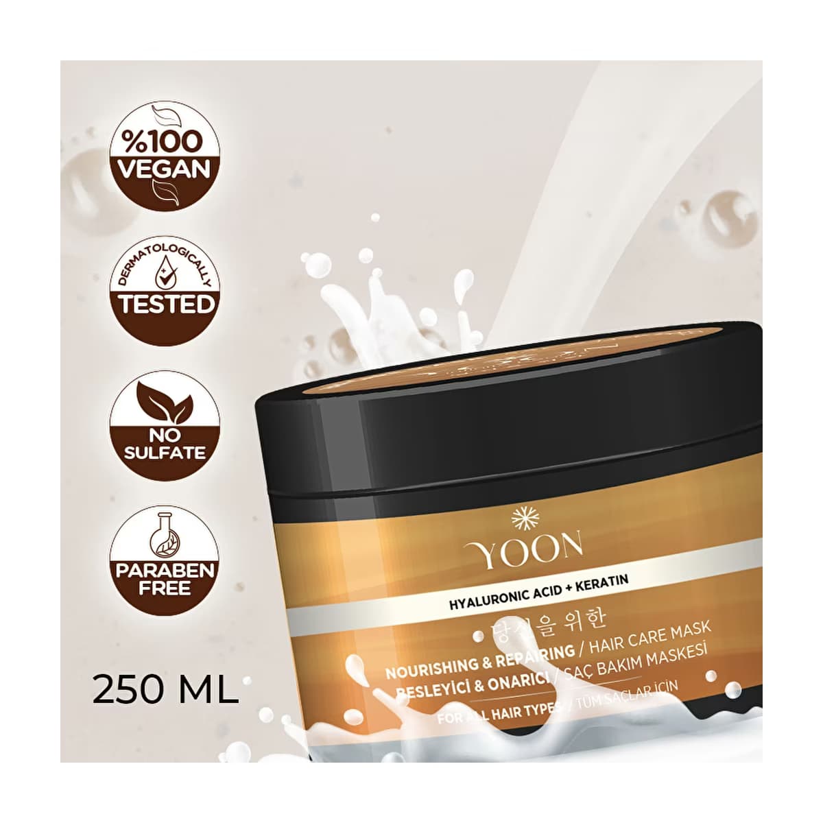 Yoon 360 Derece Yoğun Onarıcı Keratin ve Hyalüronik Asit İçeren Besleyici Saç Bakım Maskesi 250 ml - Gratis