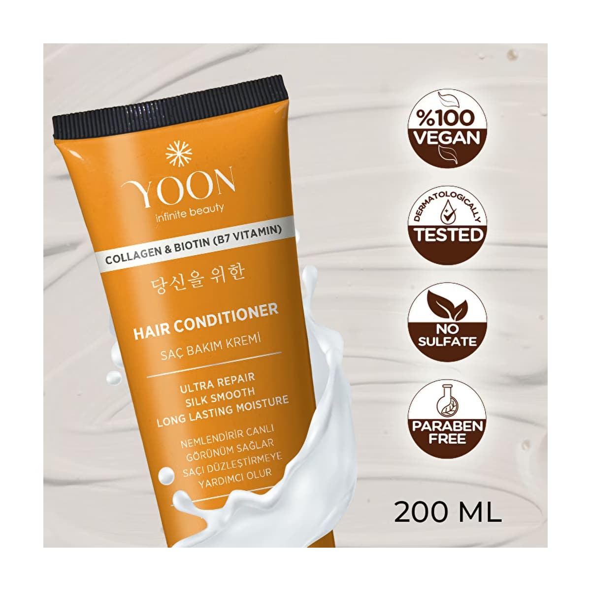 Yoon Biotin B7 & Kolajen İçeren Nemlendiren Besleyici ve Onarıcı Vegan Saç Bakım Kremi 200 ml - Gratis