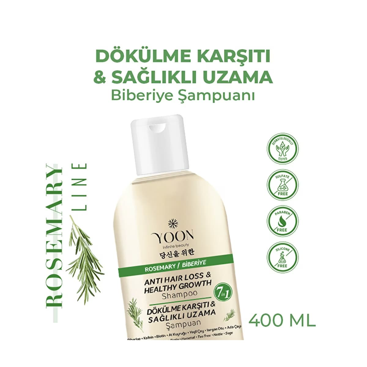 Yoon Saç Dökülme Karşıtı Hızlı Saç Uzamasına Yardımcı 7 Aktifli Biberiyeli Tuzsuz Şampuan 400 ml - Gratis