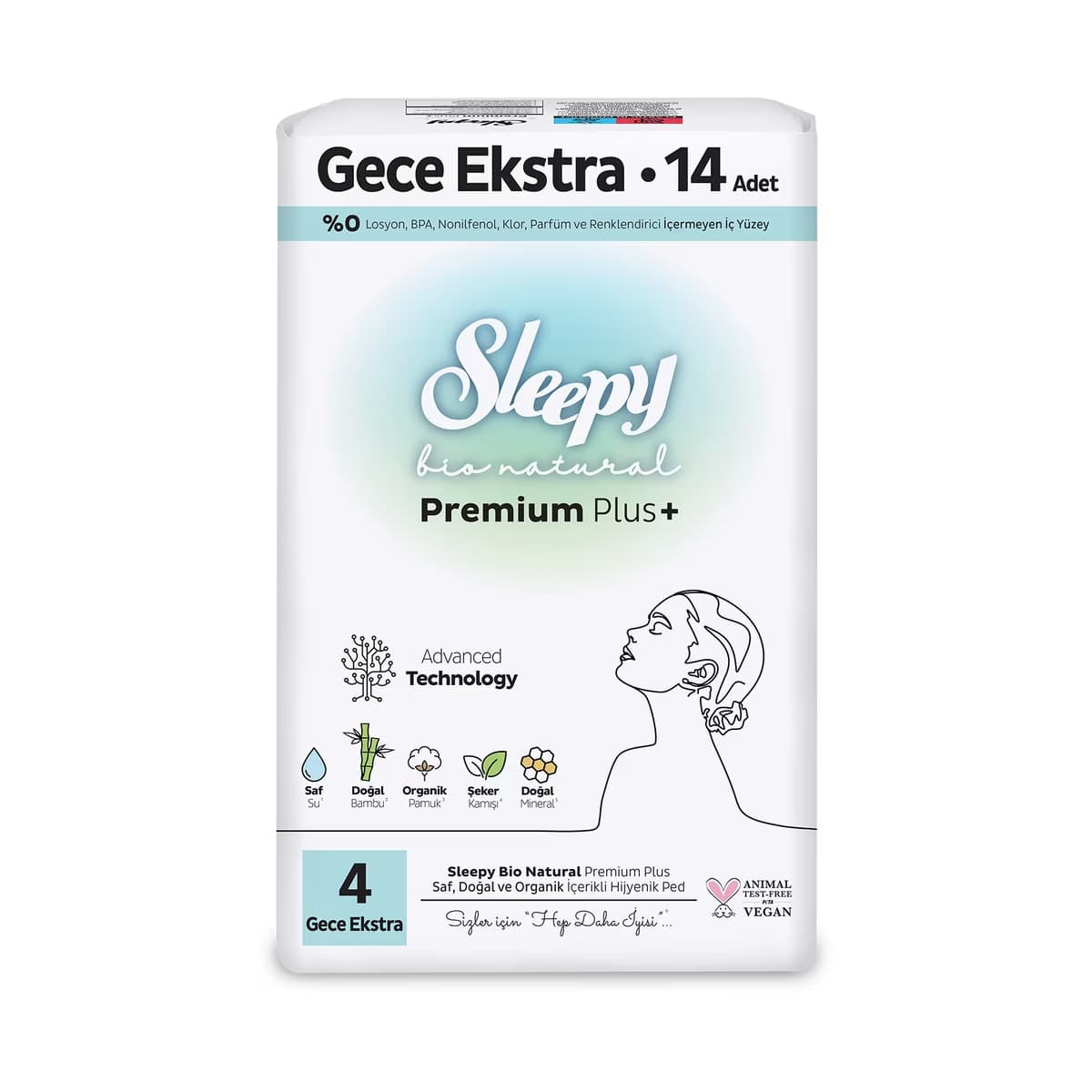 Sleepy Bio Natural Premium Plus+ (Boy 4) Süper Eco Gece Ekstra Hijyenik Ped 14'lü - Gratis