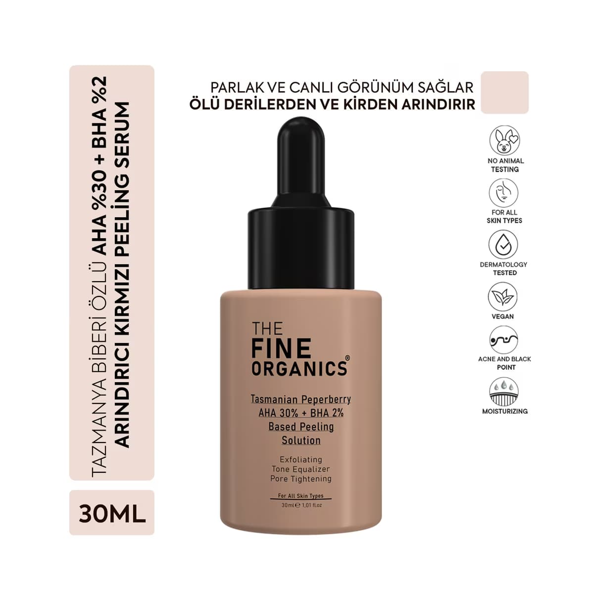 The Fine Organics Tazmanya Biberi Özlü AHA %30 + BHA %2 Cilt Tonu Eşitleyici ve Arındırıcı Kırmızı Peeling Yüz Serumu 30 ml - Gratis