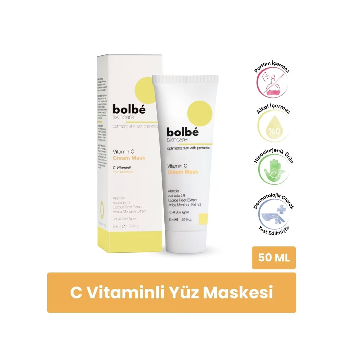 Bolbe Aydınlatıcı, Cilt Tonu Eşitleyici Leke ve Kırışıklık Karşıtı %2 C Vitamini Krem Maske 50 ml - Gratis