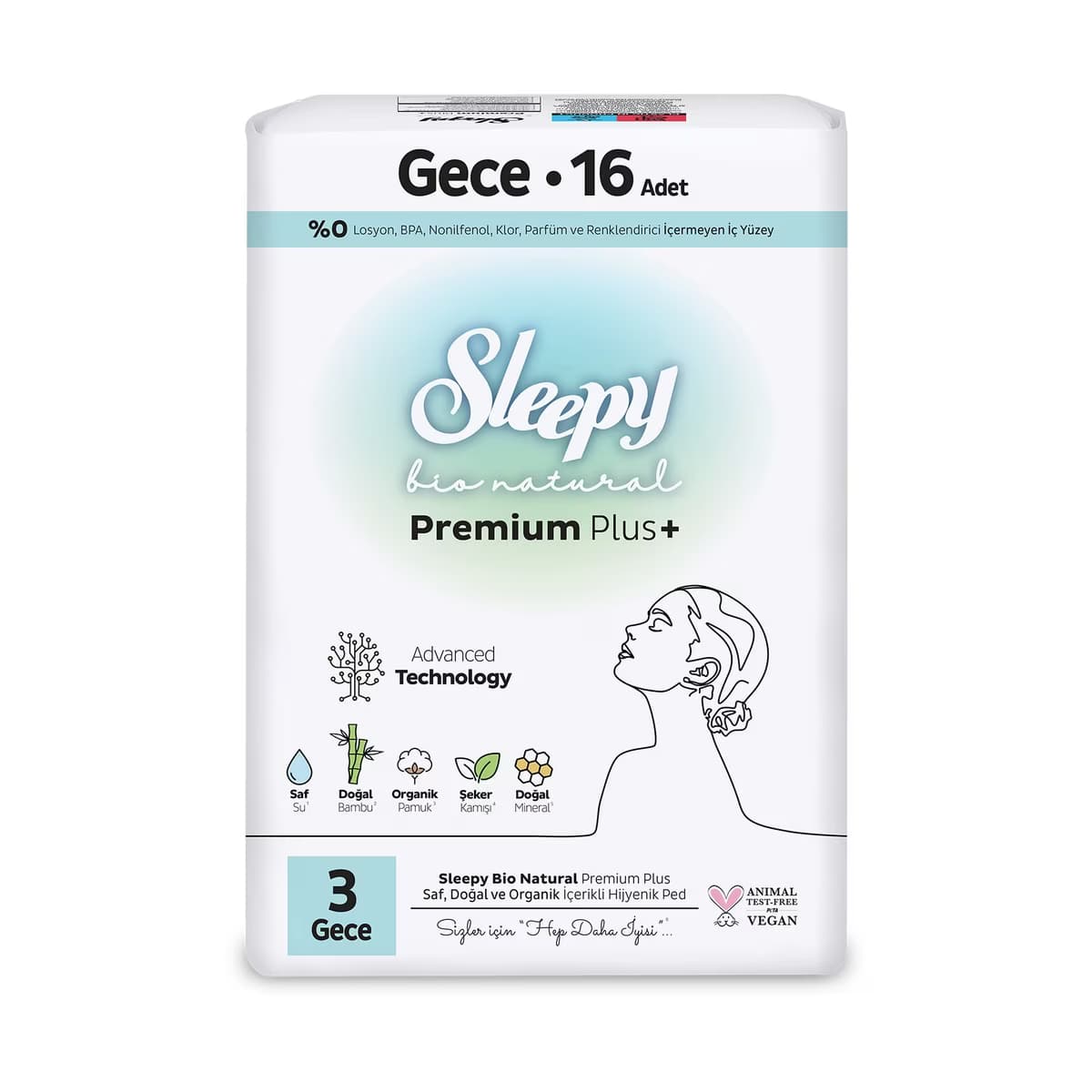 Sleepy Bio Natural Premium Plus+ (Boy 3) Süper Eco Gece Hijyenik Ped 16'lı - Gratis