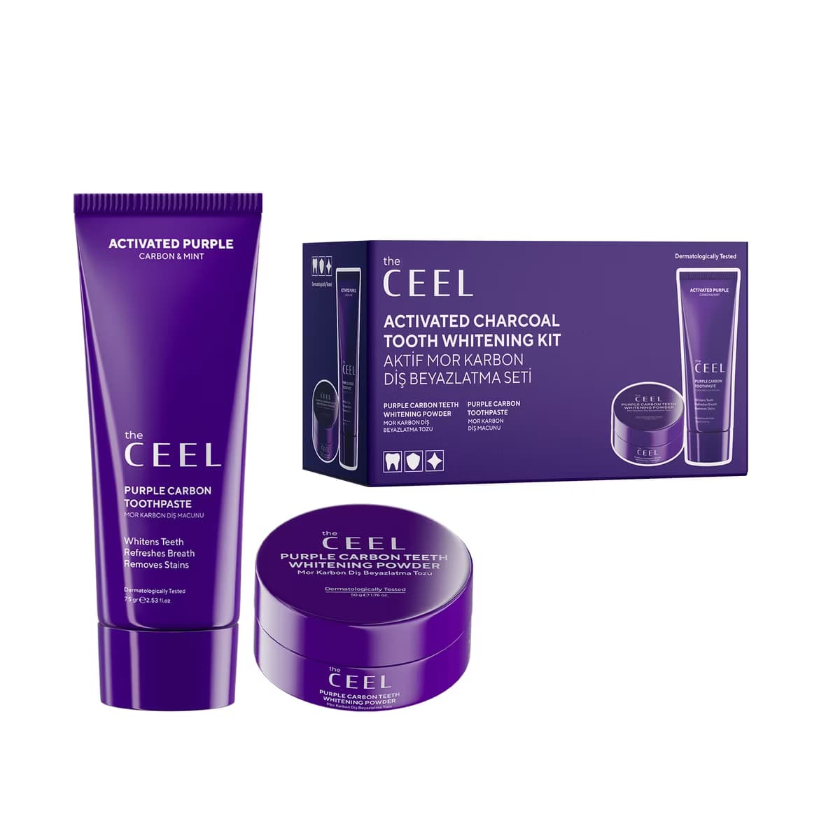 The Ceel Aktif Mor Karbon Diş Beyazlatma Seti (Diş Macunu 75 gr + Diş Tozu 50 gr) - Gratis