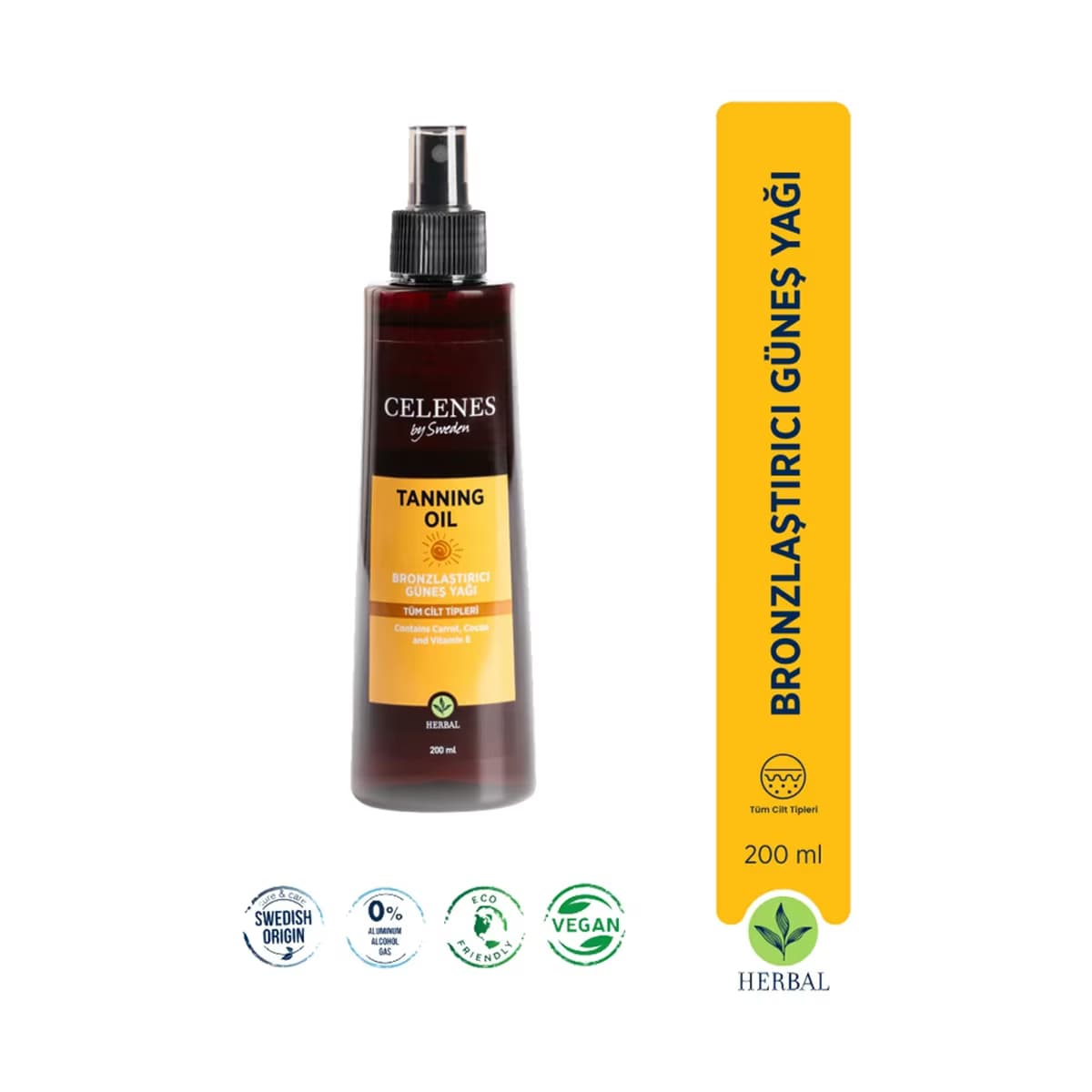 Celenes Herbal Bronzlaştırıcı Güneş Yağı 200 ml - Gratis
