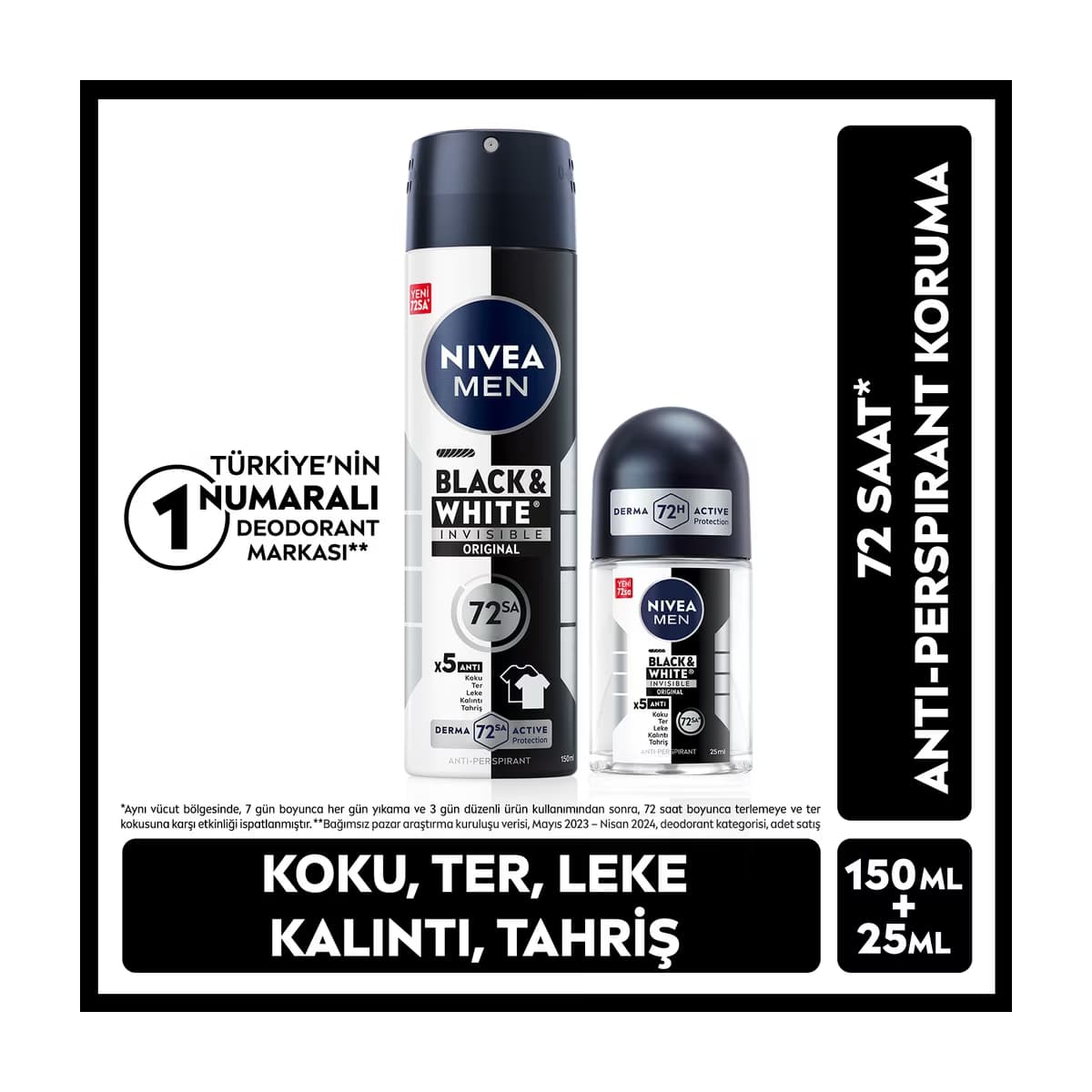 Nivea Men Black & White Invisible Erkek Deodorant Sprey 150 ml + Roll-on 25 ml - Gratis