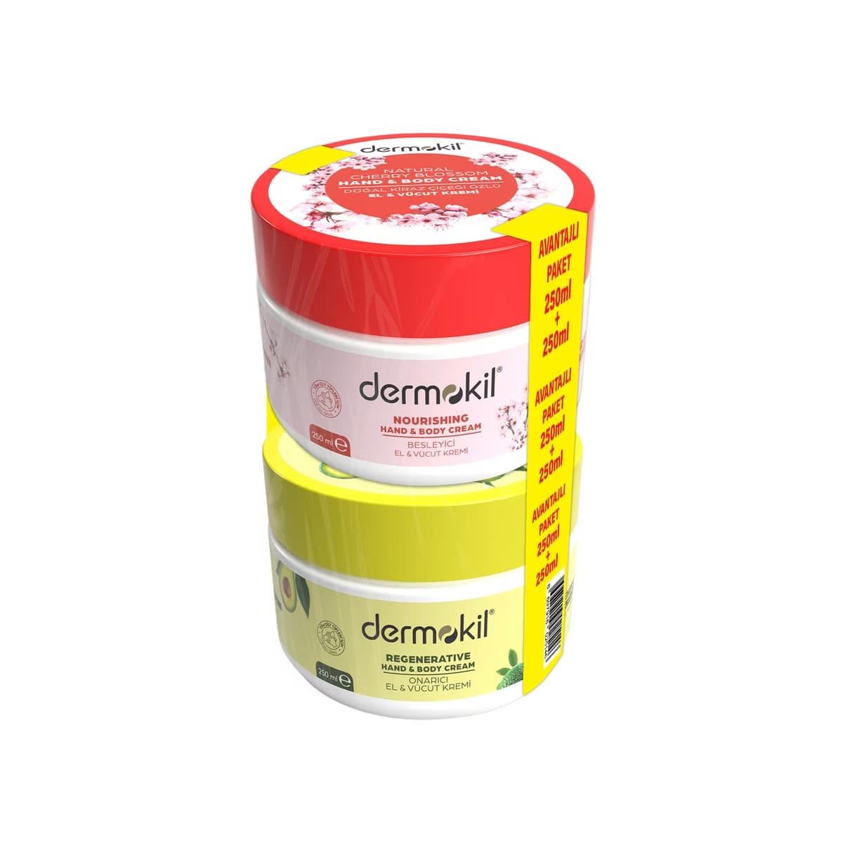 Dermokil El ve Vücut Nemlendirici Krem Seti (Kiraz Çiçeği Besleyici Krem 250 ml + Avokado Özlü Onarıcı Krem 250 ml) - Gratis