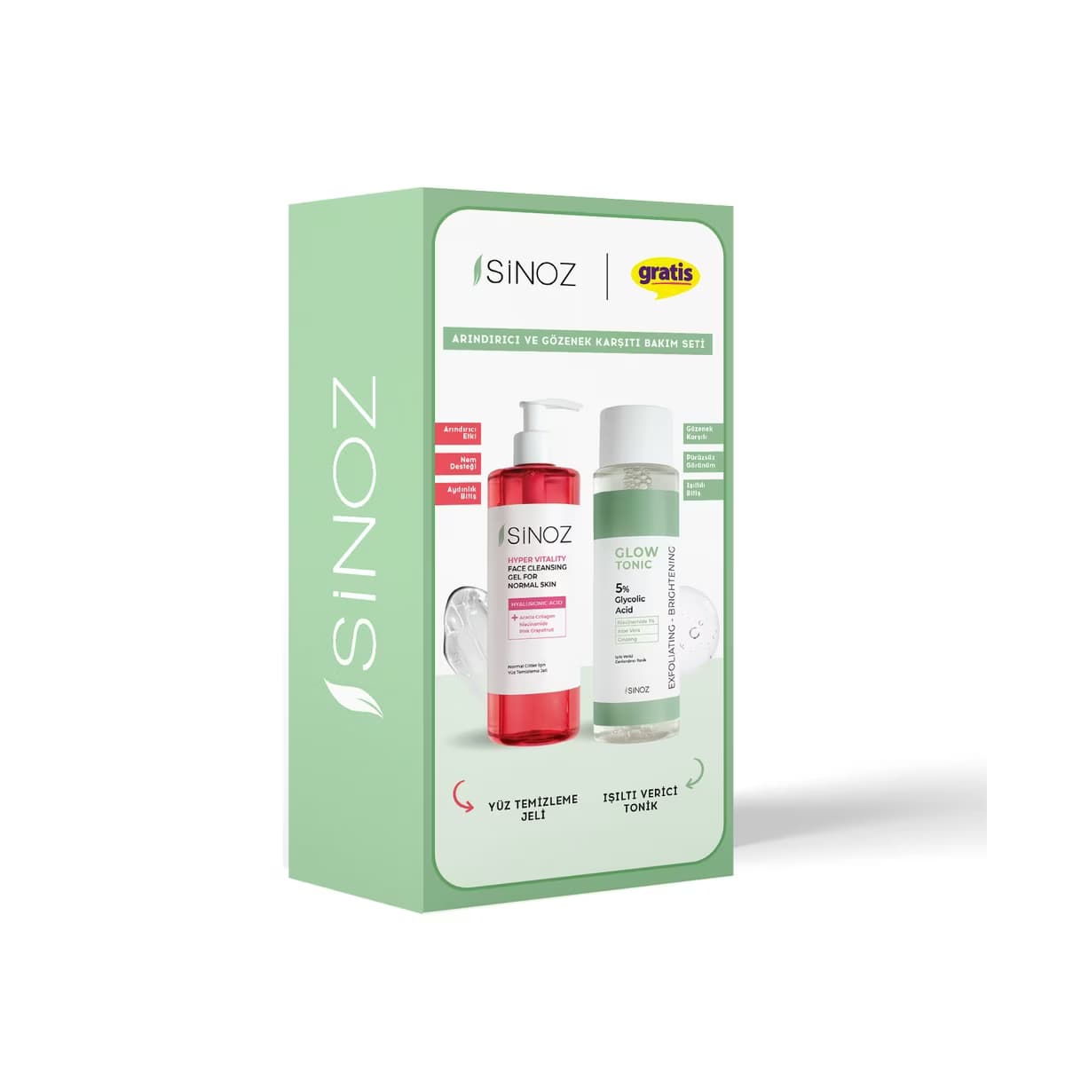 Sinoz Yağlı ve Karma Ciltler İçin Yüz Temizleme Jeli 200 ml + Glow Tonik 200 ml - Gratis