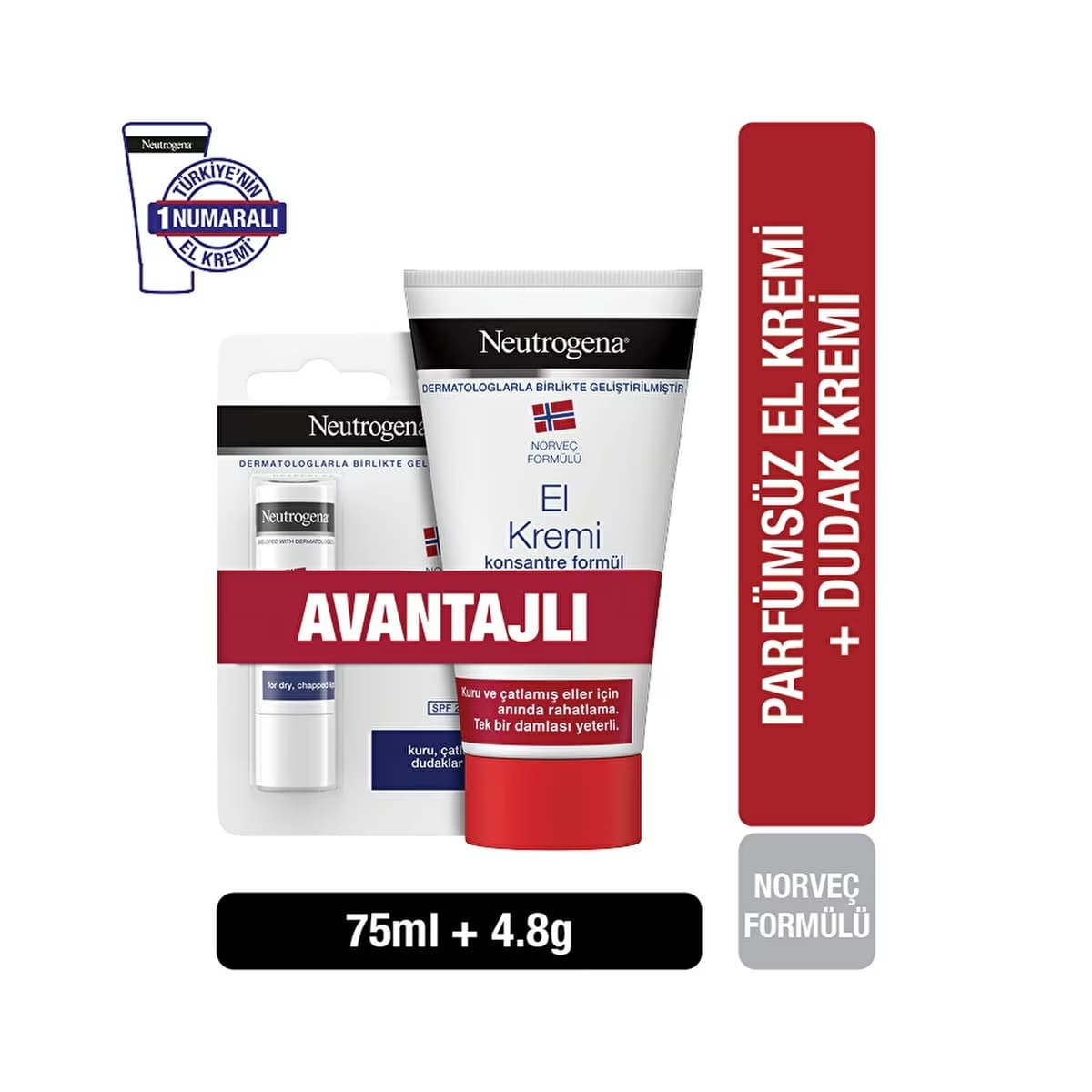 Neutrogena Norveç Formülü Parfümsüz El Kremi 75 ml + Besleyici Dudak Nemlendirici 4.8 gr - Gratis