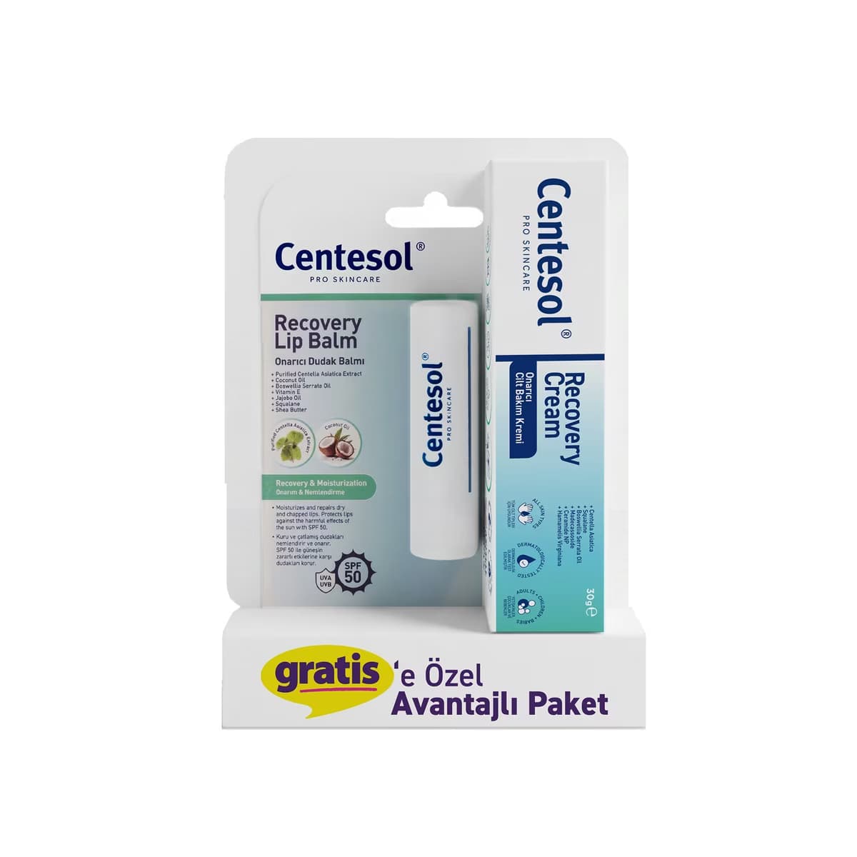 Centesol Onarıcı Cilt Bakım Kremi 30 gr + Onarıcı Güneş Koruyucu 50+SPF Dudak Balmı 4 gr - Gratis
