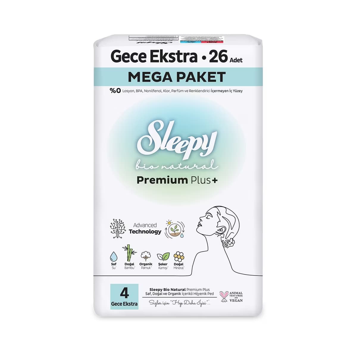 Sleepy Bio Natural Premium Plus+ (Boy 4) Mega Gece Ekstra Hijyenik Ped 26'lı - Gratis
