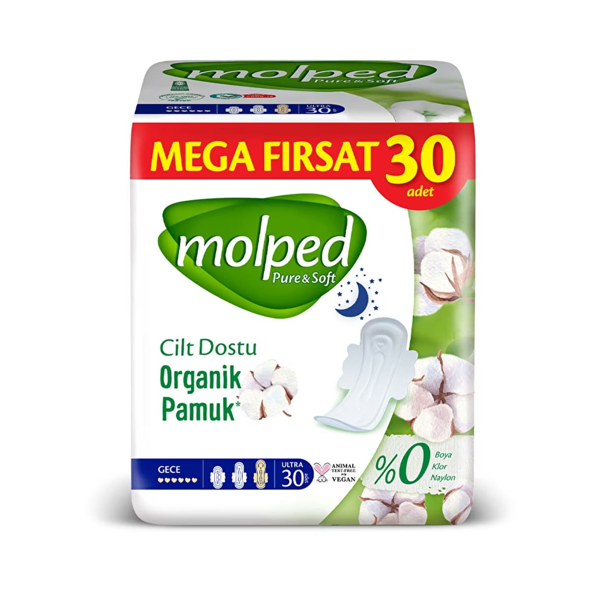 Molped Pure & Soft Mega Paket Gece Hijyenik Ped 30'lu - Gratis