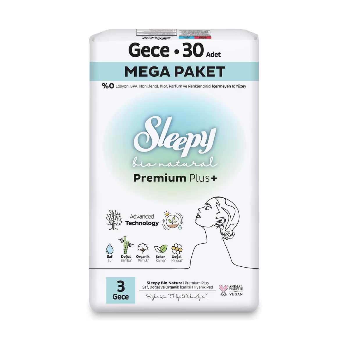 Sleepy Bio Natural Premium Plus+ (Boy 3) Mega Gece Hijyenik Ped 30'lu - Gratis
