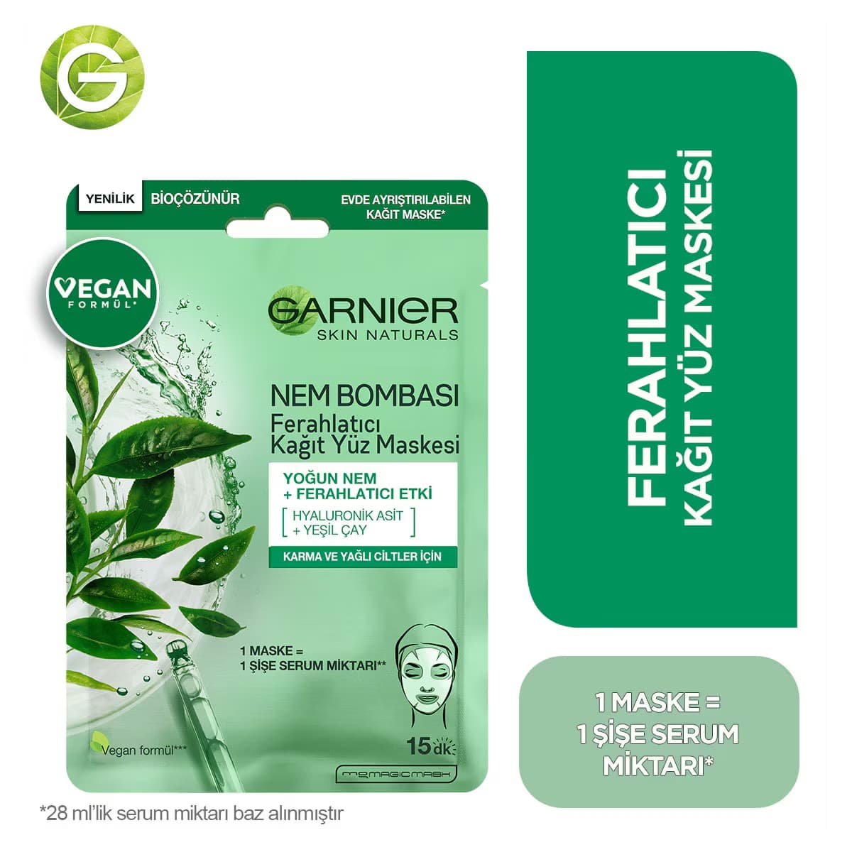 Garnier Nem Bombası Ferahlatıcı Kağıt Yüz Maskesi Yeşil Çay Özü