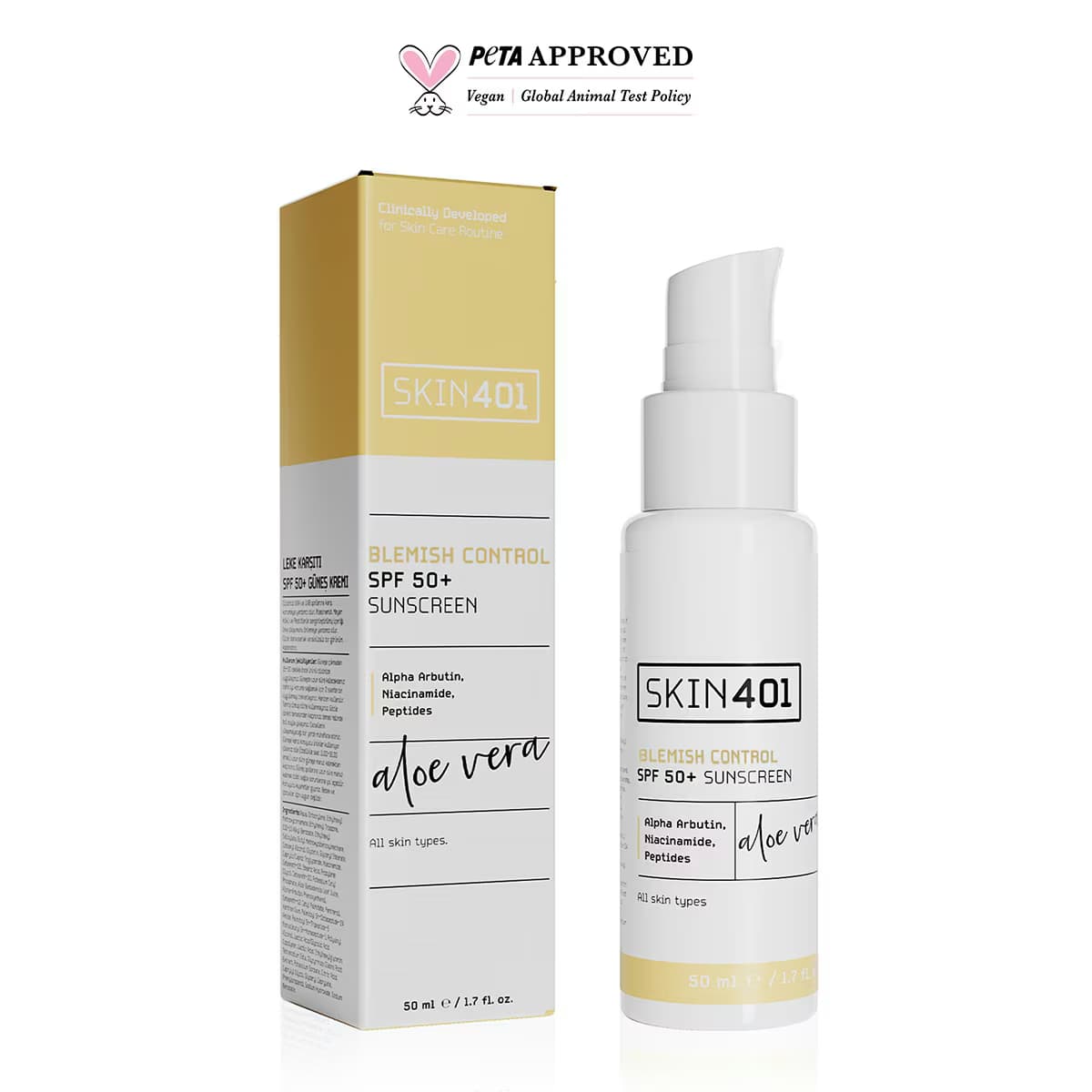 Skin401 SPF 50+ Leke Karşıtı Aloe Vera Nemlendiricili Güneş Kremi 50 ml