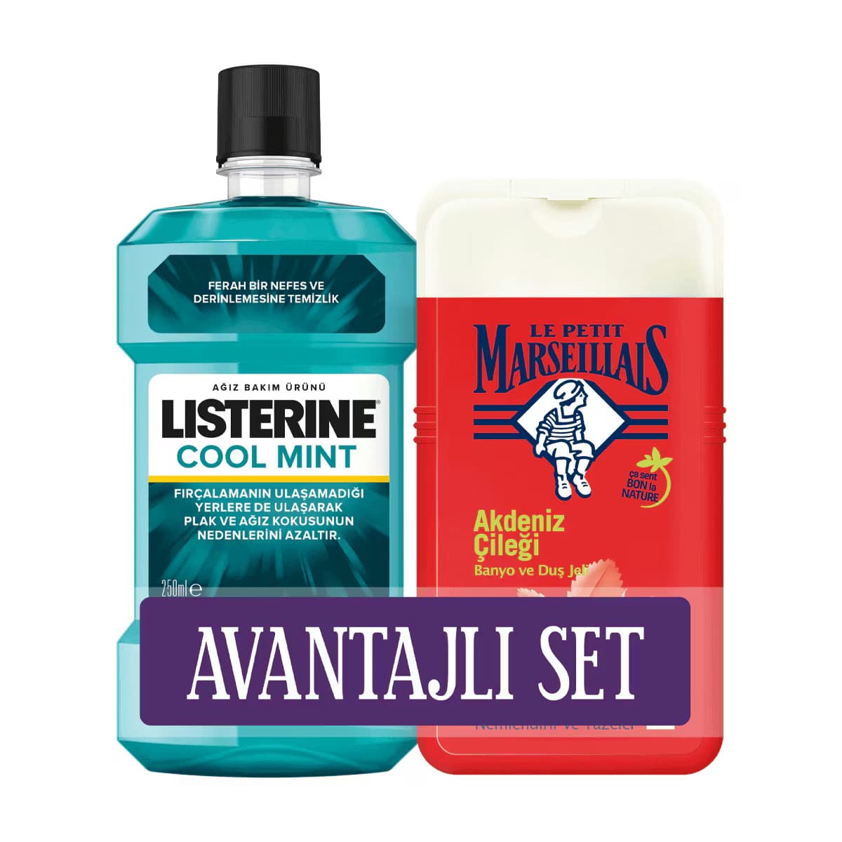 Listerine Ağız Bakım Suyu Cool Mint 250 ml ve Duş Jeli Çilek 250 ml Seti